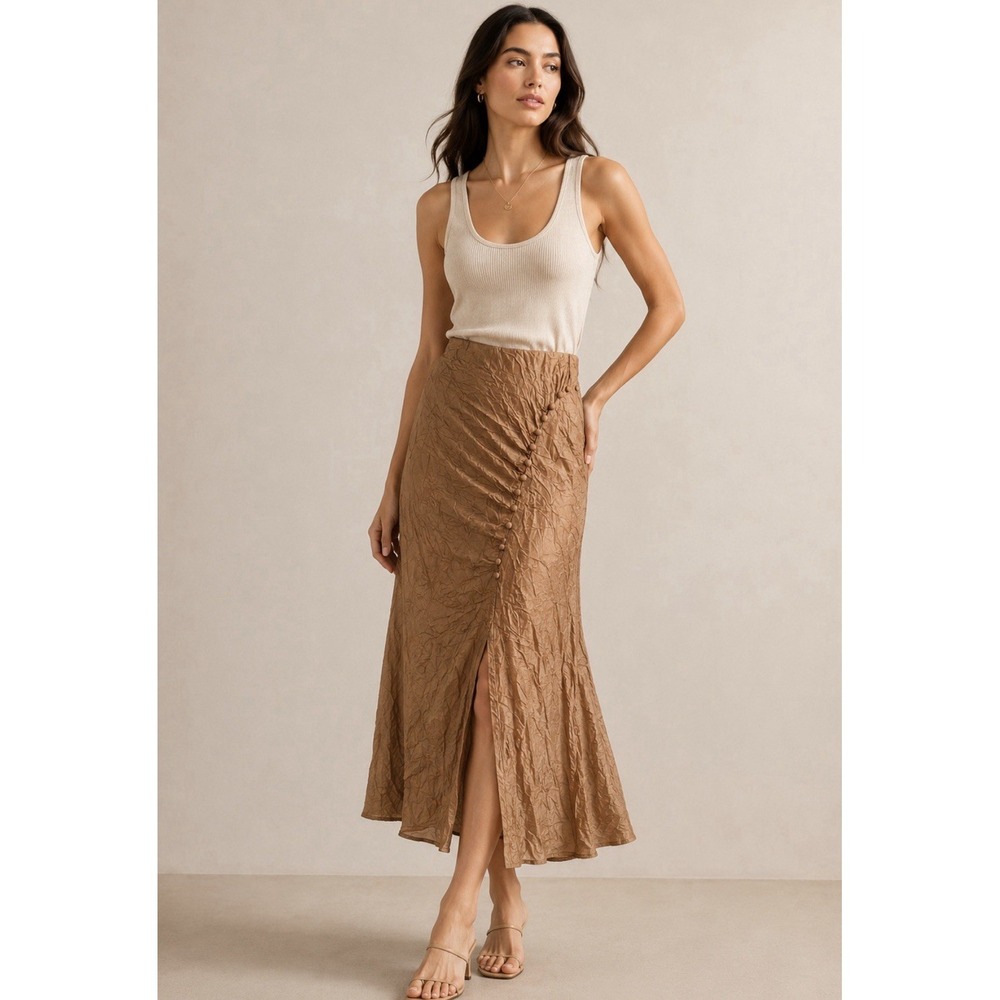 Current Air Anthropologie Skirt S Gold Crinkle Satin Button Front Midi NWT